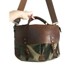 Brown Leather and Green Canvas Messenger Bag Dark Academia